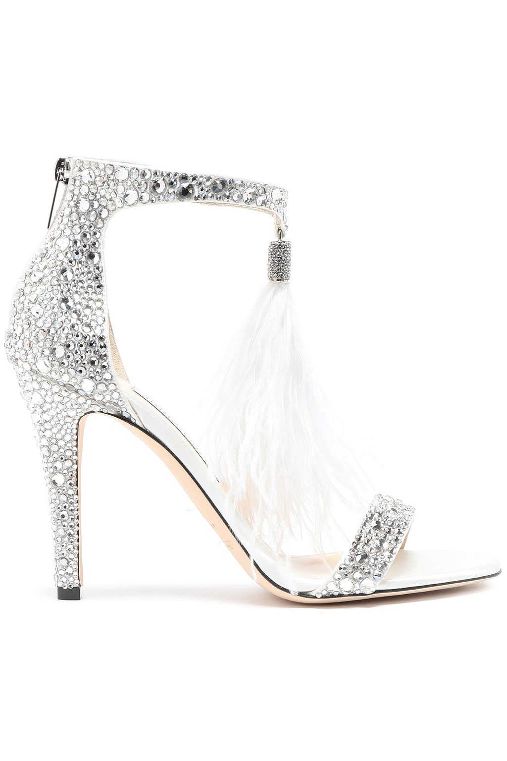 Embellished feather trimmed satin sandals silver One Size