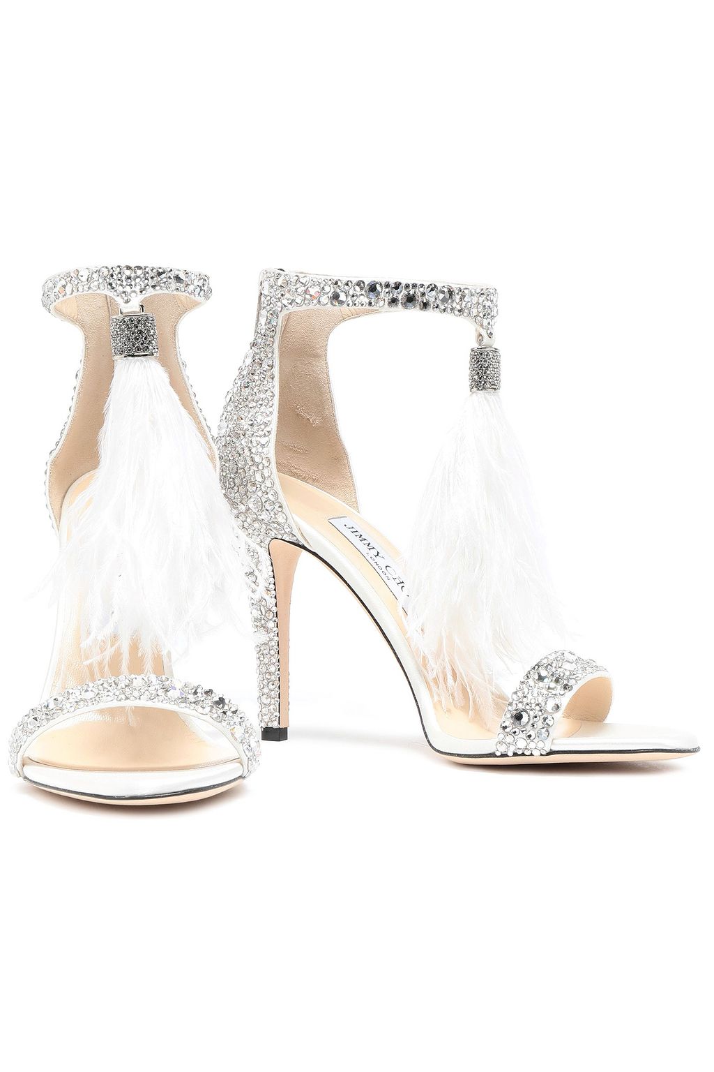 JIMMY CHOO Embellished feather-trimmed satin sandals