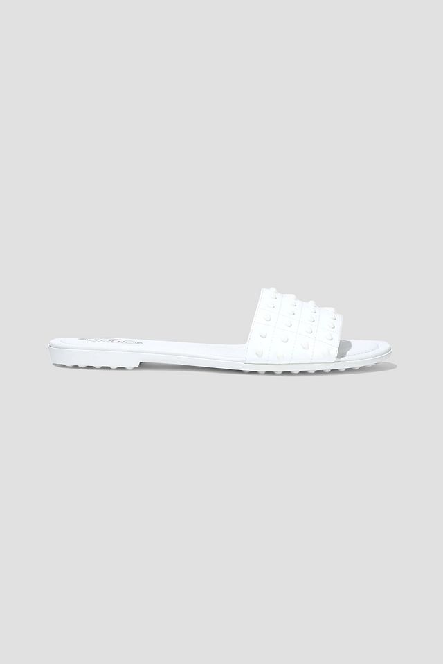 Studded quilted patent-leather slides
