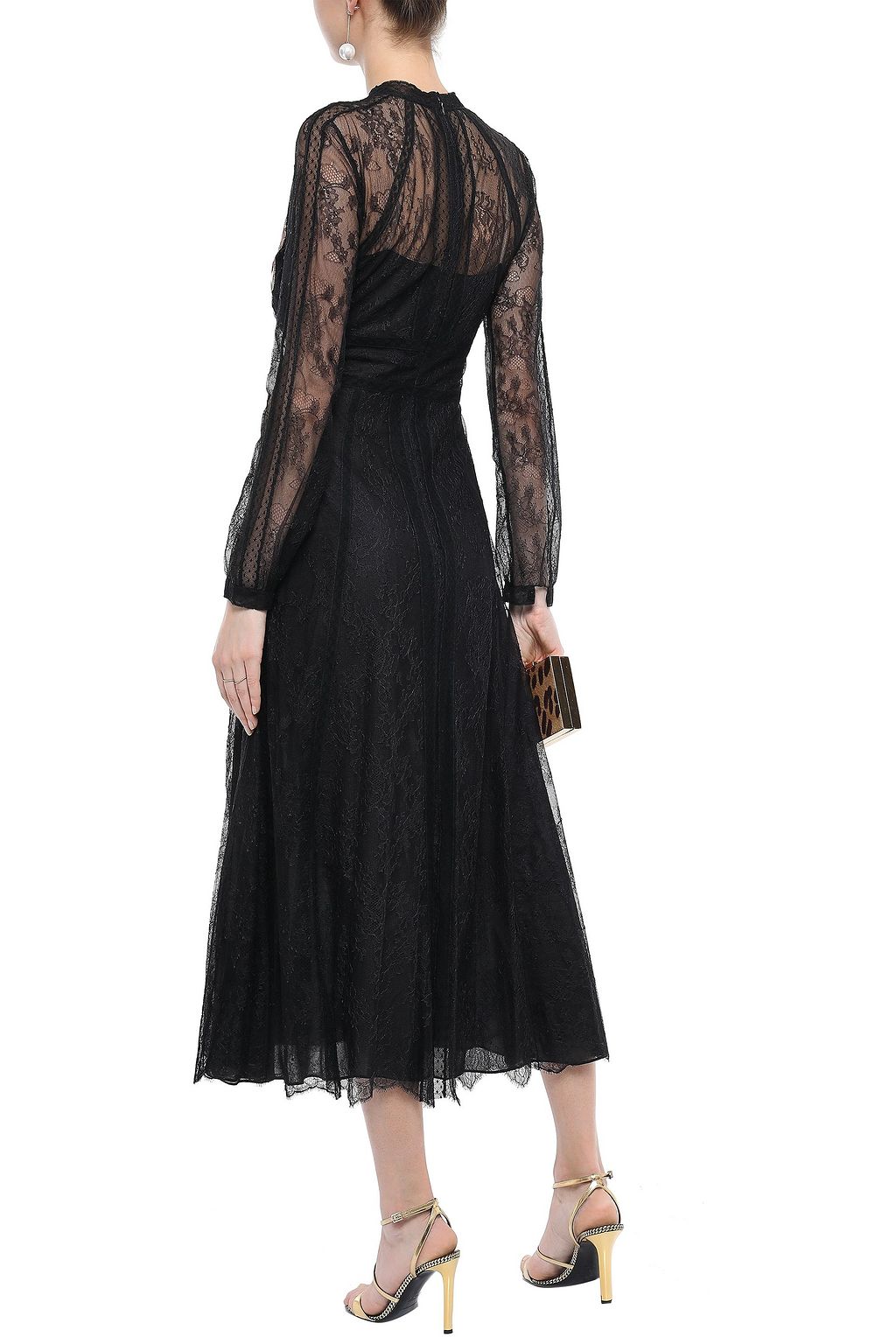 VALENTINO GARAVANI Point d'esprit-paneled embroidered silk-lace midi dress