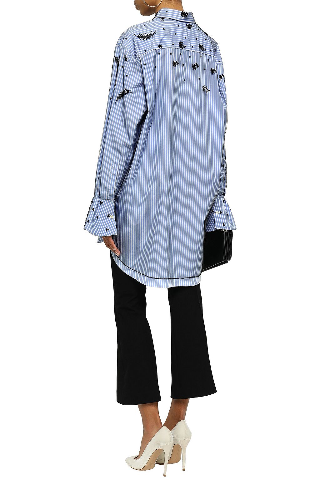 VALENTINO GARAVANI Layered embellished tulle and striped cotton-poplin shirt