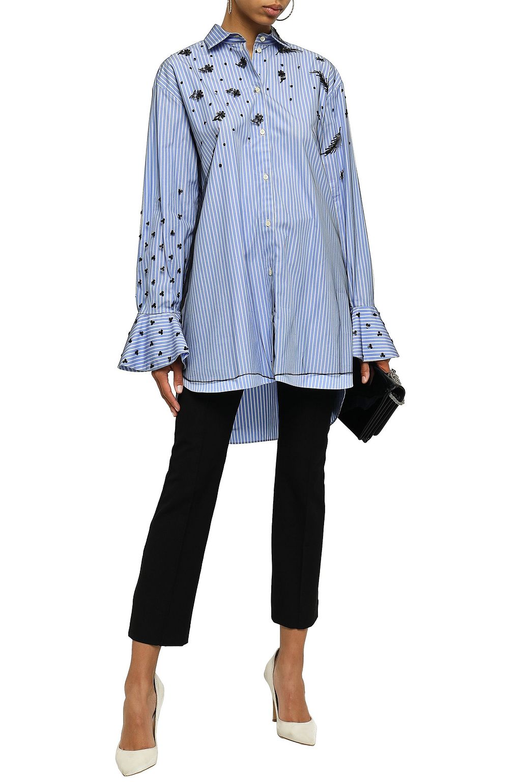 VALENTINO GARAVANI Layered embellished tulle and striped cotton-poplin shirt
