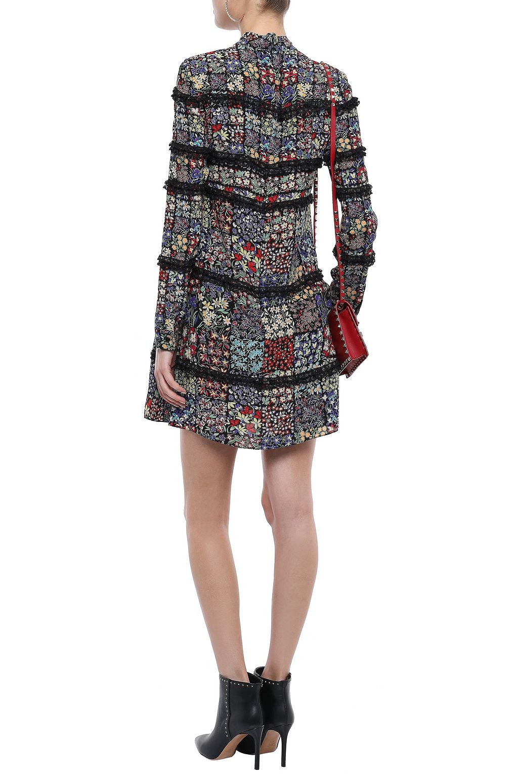 VALENTINO GARAVANI Lace-trimmed floral-print silk crepe de chine mini dress