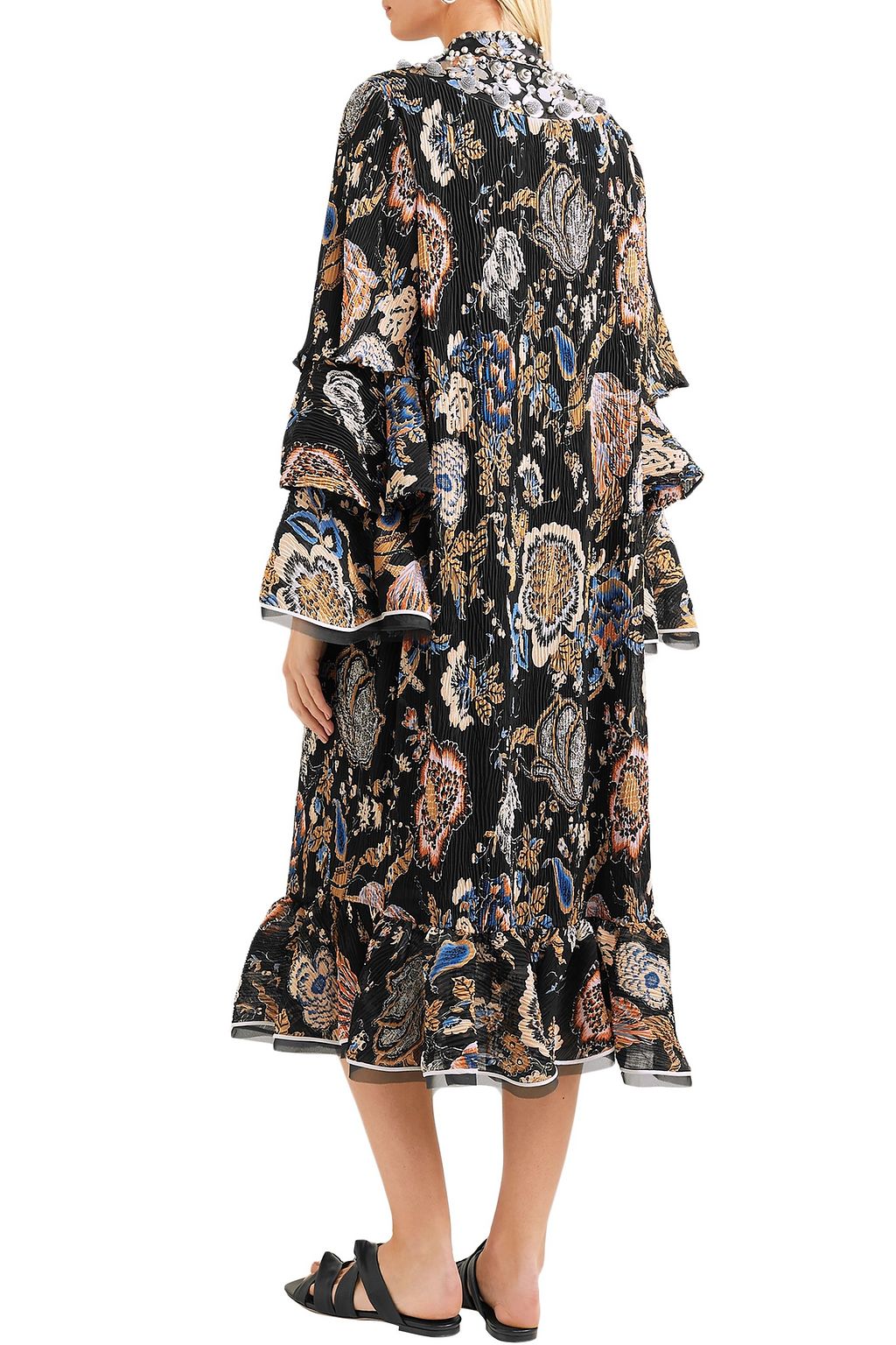 TORY BURCH Embellished printed plissé georgette midi dress