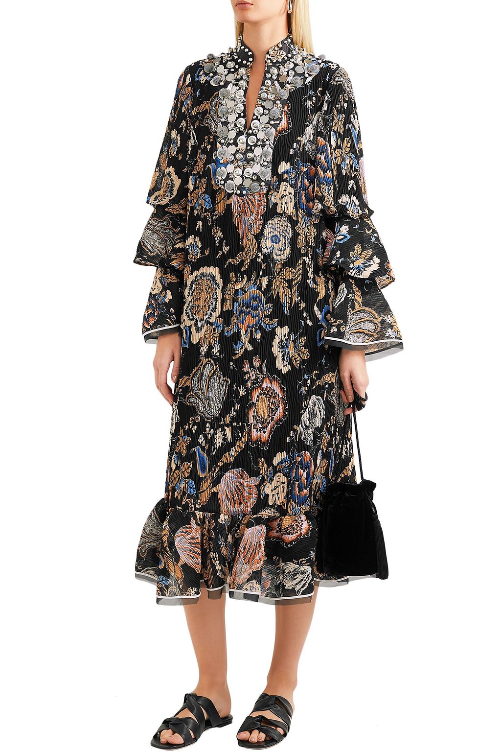 TORY BURCH Embellished printed plissé georgette midi dress