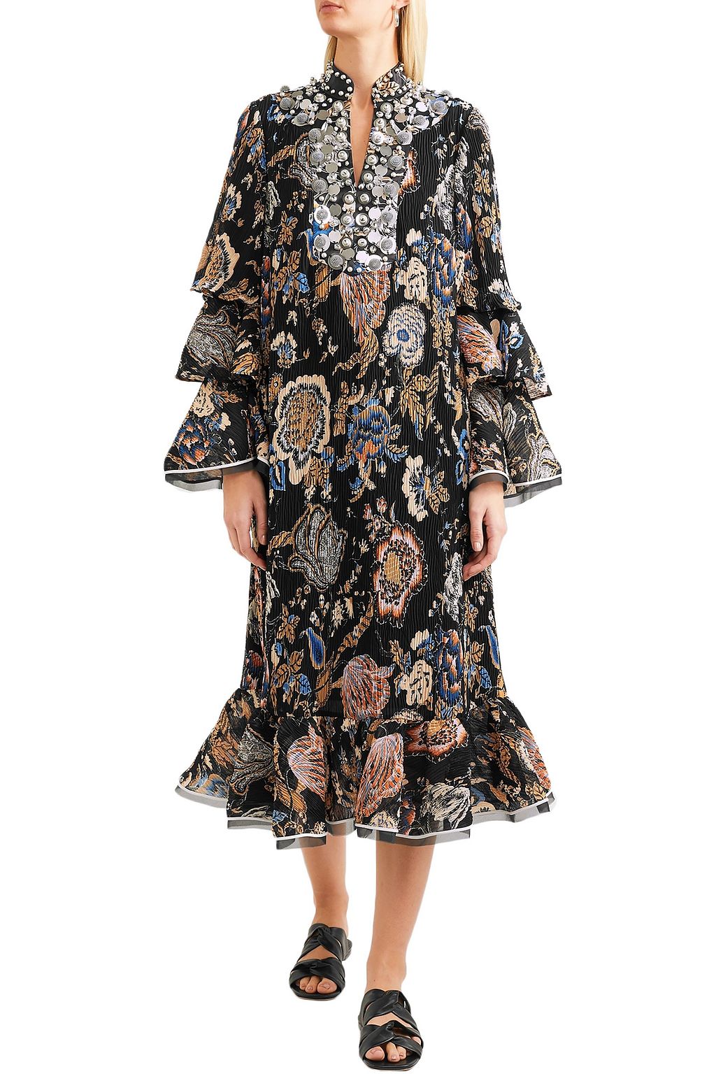TORY BURCH Embellished printed plissé georgette midi dress