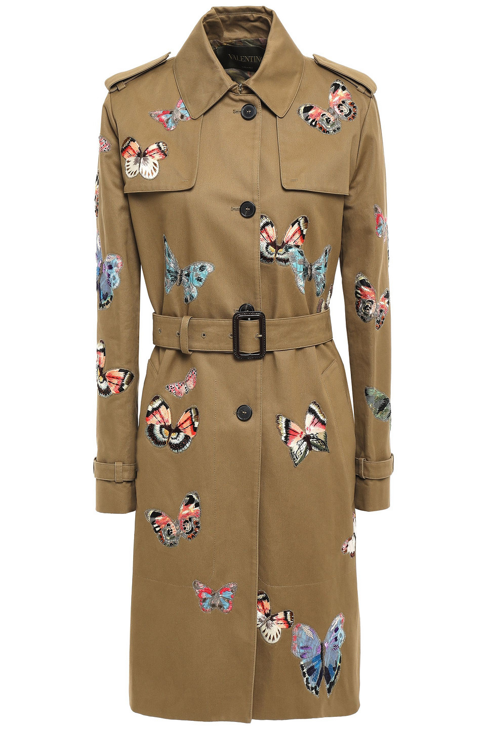 Valentino Embroidered Cotton-gabardine Trench Coat In Army Green