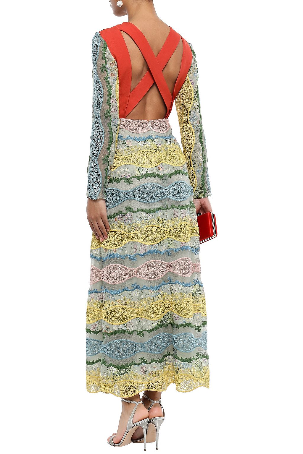 VALENTINO GARAVANI Paneled broderie anglaise, point d'esprit and cotton-blend guipure lace midi dress