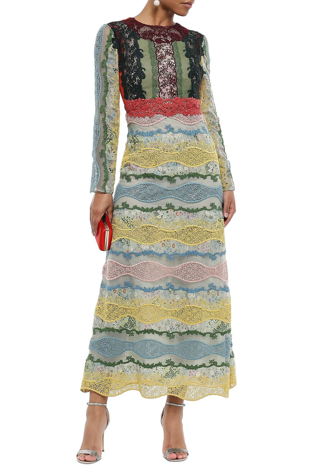VALENTINO GARAVANI Paneled broderie anglaise, point d'esprit and cotton-blend guipure lace midi dress