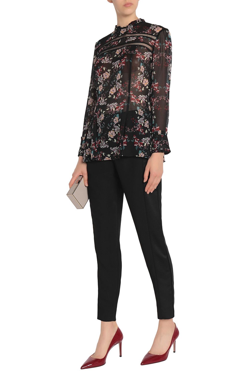 NICHOLAS Lattice-trimmed floral-print silk-chiffon peplum blouse