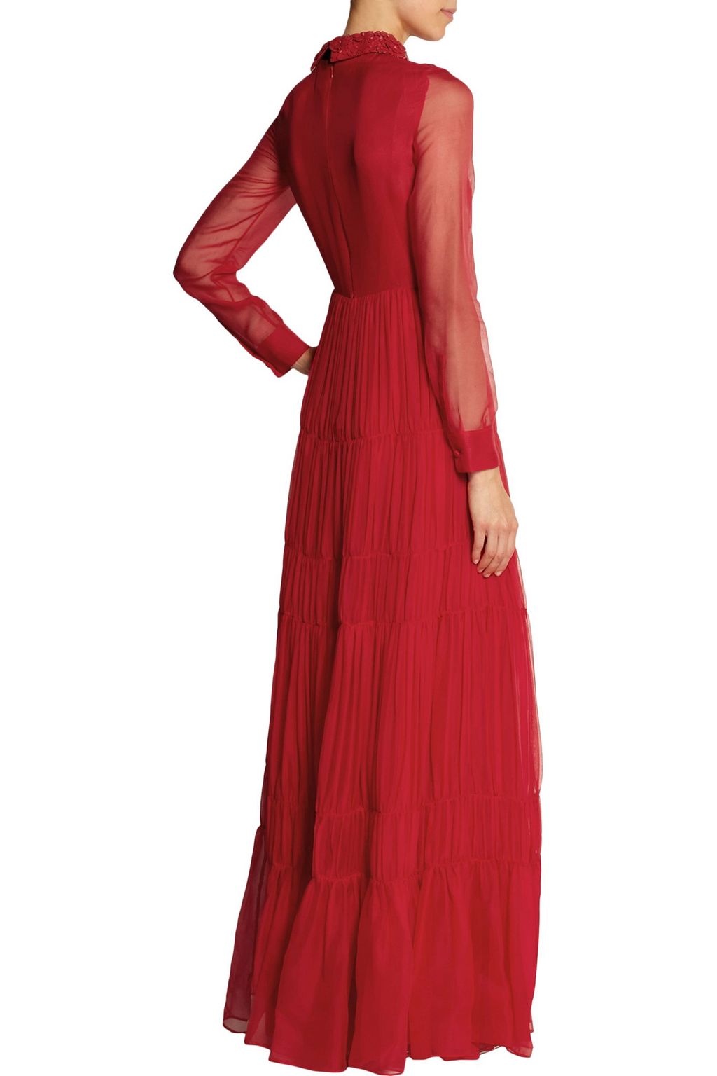 VALENTINO GARAVANI レザートリム ティアード シルクシフォン ロングドレス