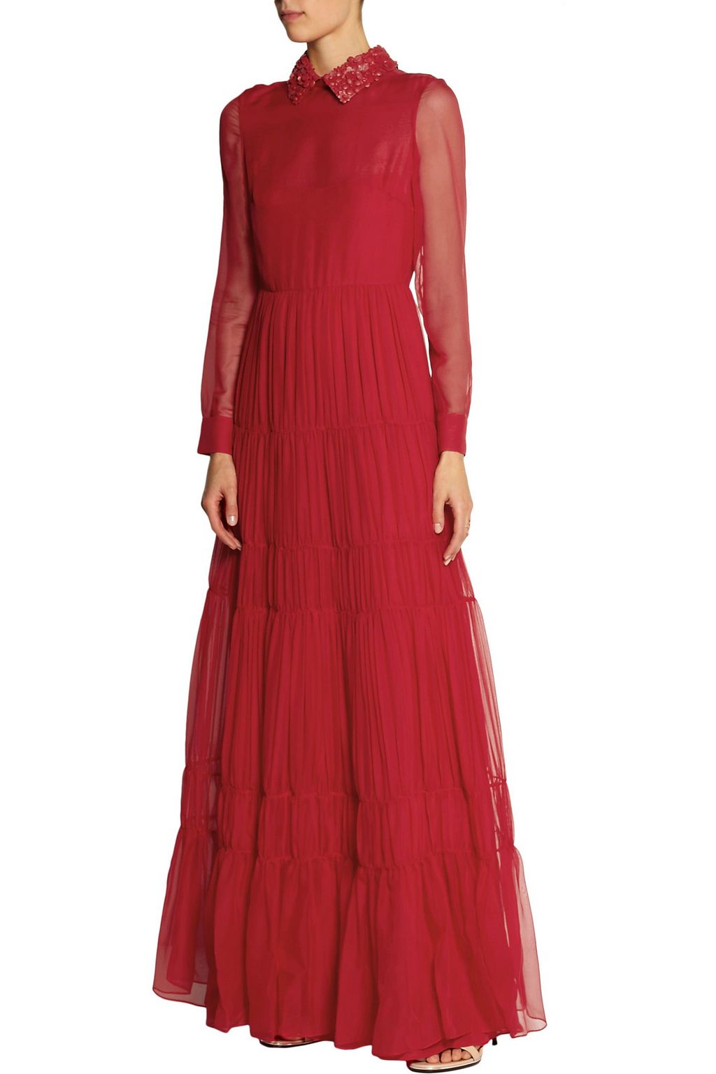 VALENTINO GARAVANI レザートリム ティアード シルクシフォン ロングドレス