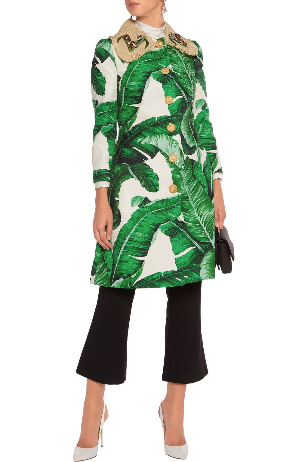 DOLCE&GABBANA Raffia-trimmed printed cotton-blend brocade coat