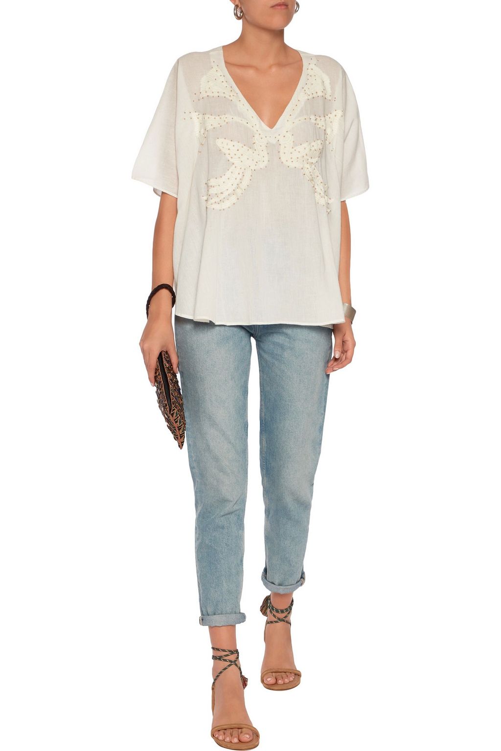 ANTIK BATIK Embroidered and bead-embellished cotton top