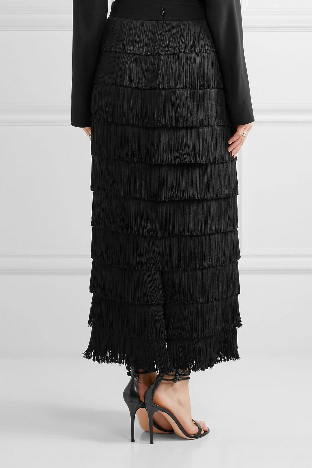 STELLA MCCARTNEY Tiered fringed silk crepe de chine maxi skirt