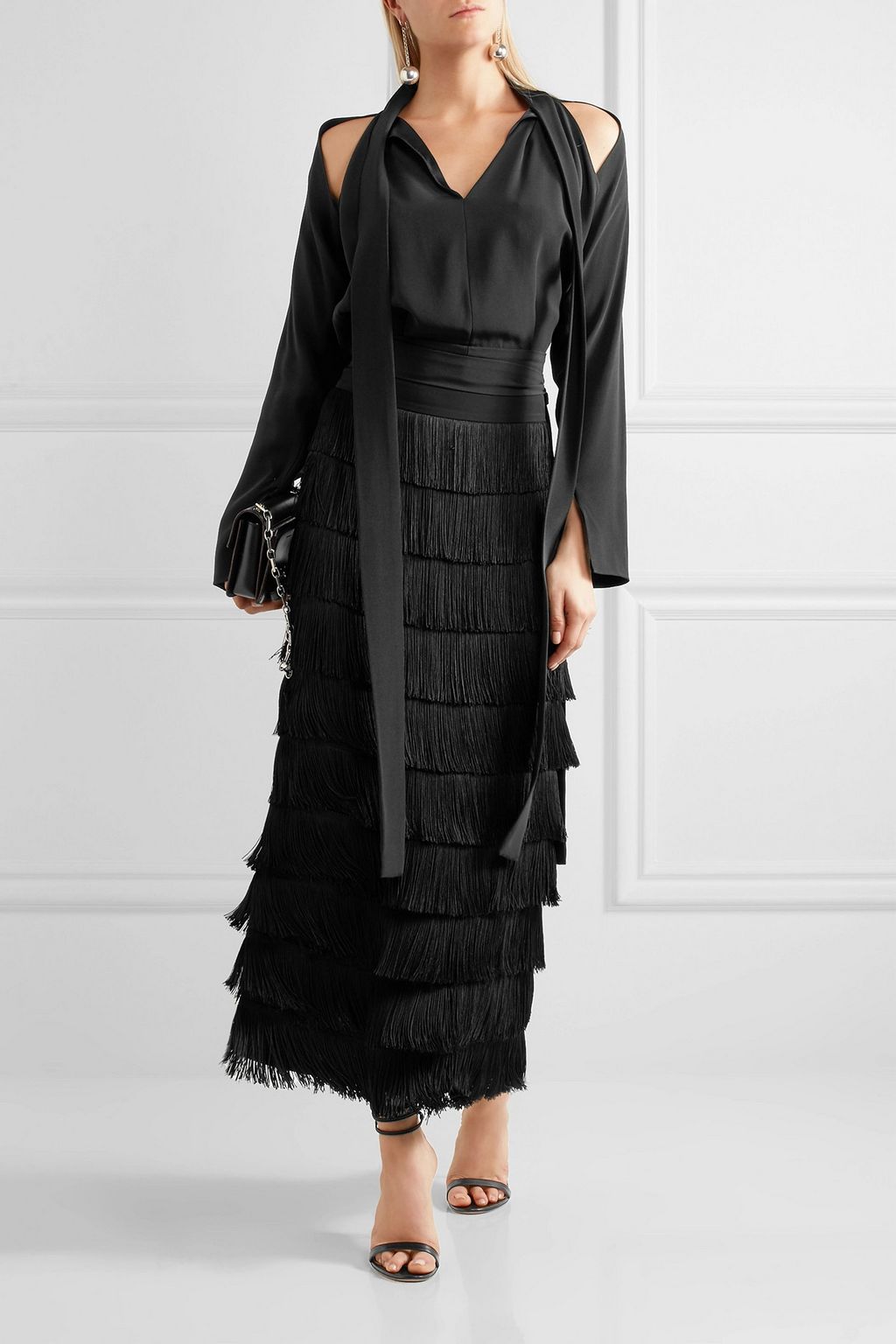 STELLA MCCARTNEY Tiered fringed silk crepe de chine maxi skirt