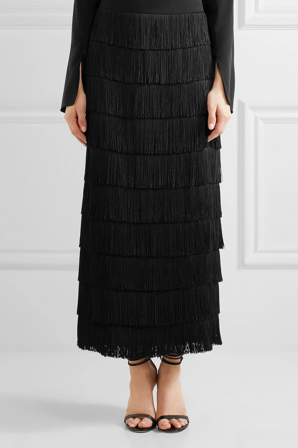 STELLA MCCARTNEY Tiered fringed silk crepe de chine maxi skirt