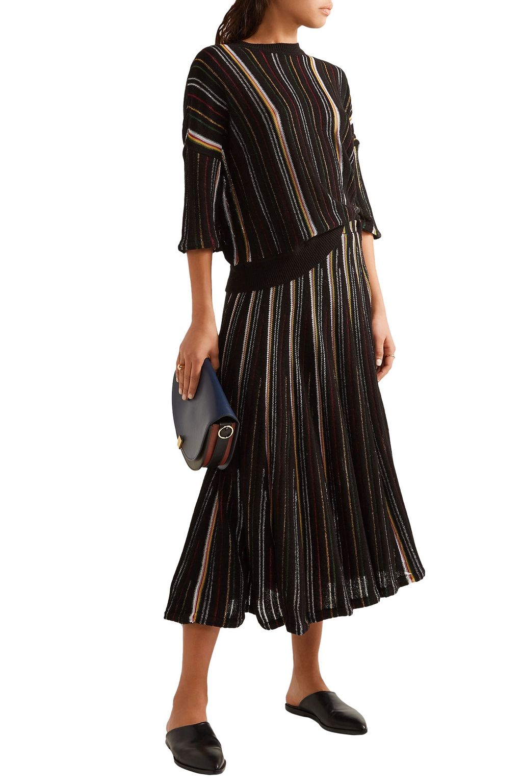 ADAM LIPPES Striped open-knit cotton-blend midi skirt