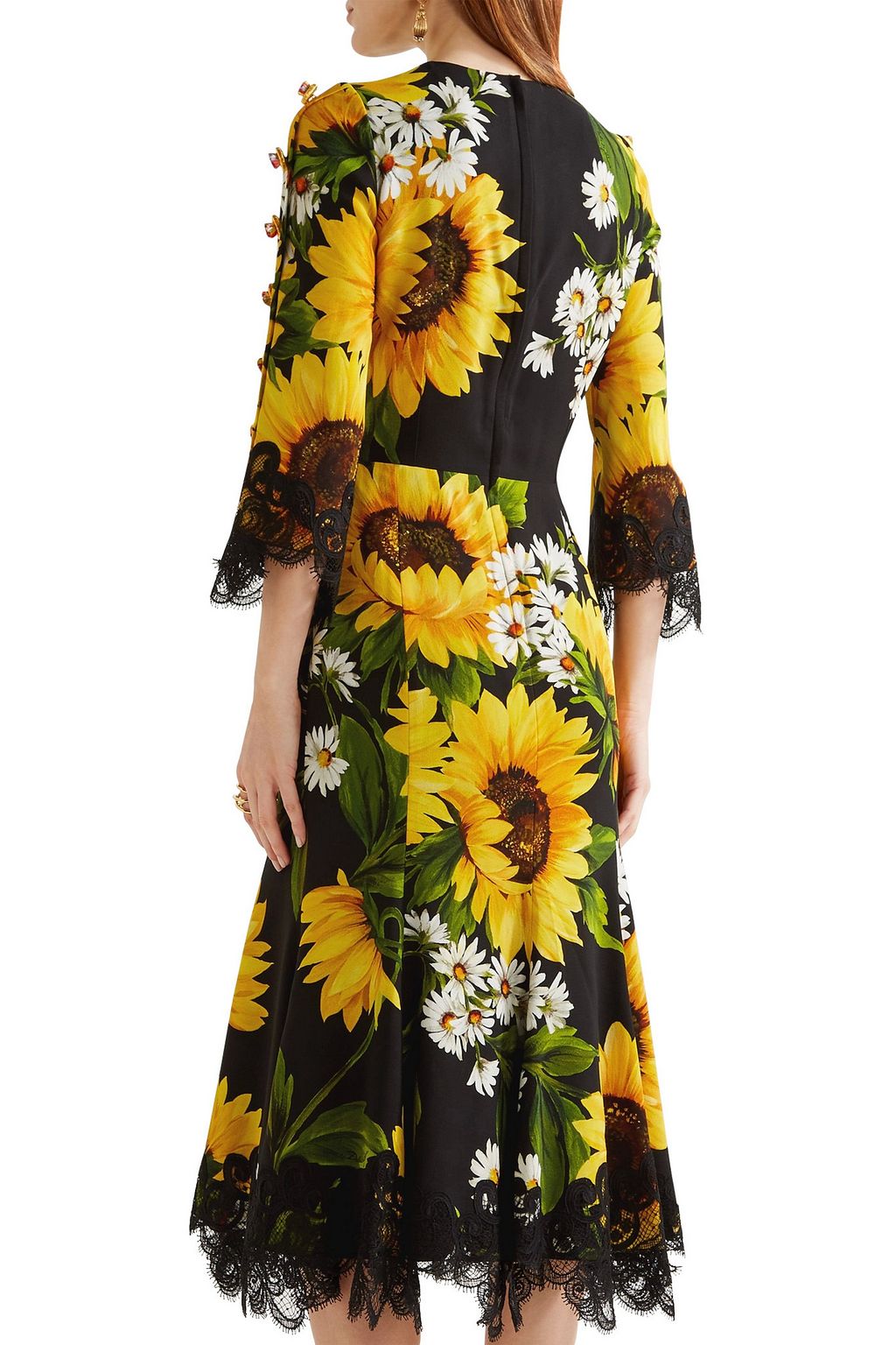 DOLCE&GABBANA Embellished lace-trimmed printed cady midi dress