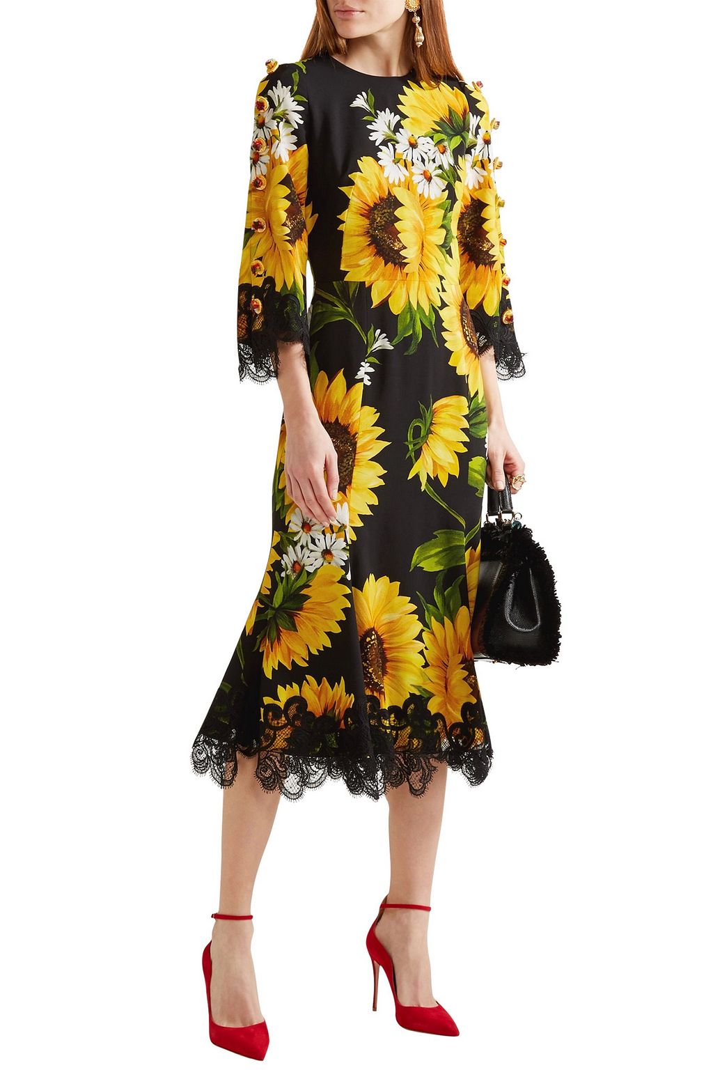 DOLCE&GABBANA Embellished lace-trimmed printed cady midi dress