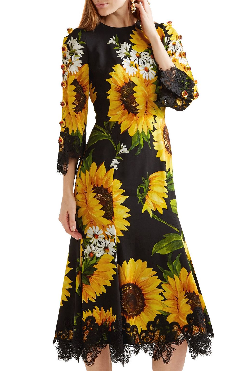 DOLCE&GABBANA Embellished lace-trimmed printed cady midi dress