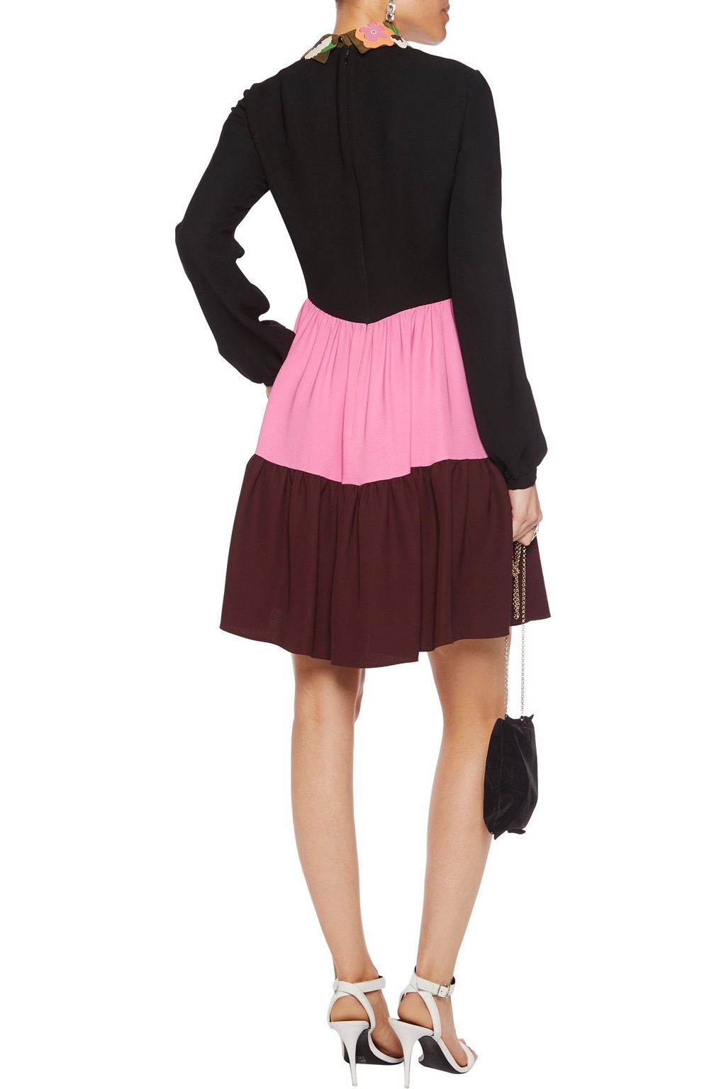 VALENTINO GARAVANI Leather-trimmed color-block silk-crepe mini dress