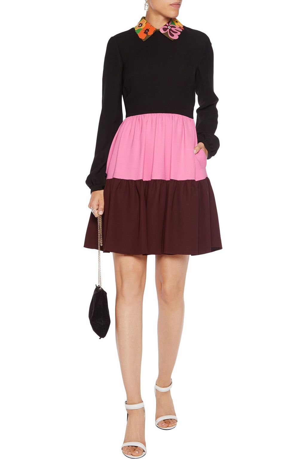 VALENTINO GARAVANI Leather-trimmed color-block silk-crepe mini dress