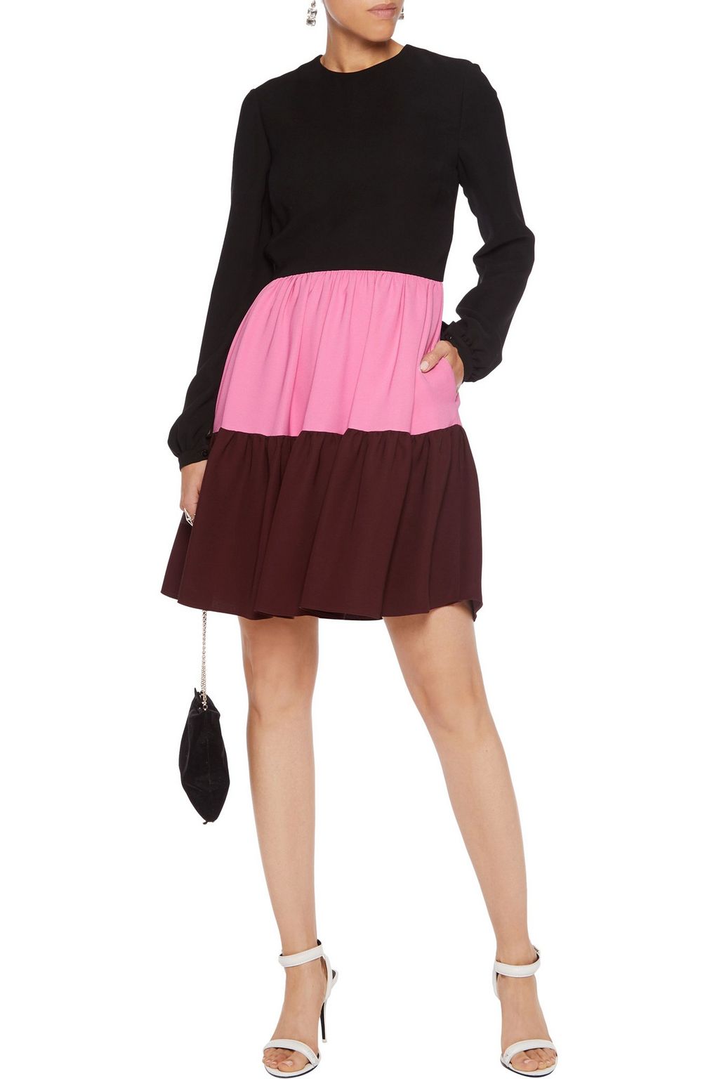 VALENTINO GARAVANI Leather-trimmed color-block silk-crepe mini dress