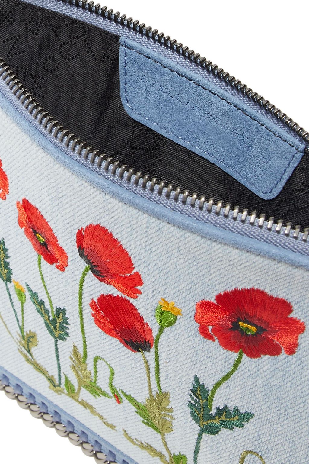 STELLA MCCARTNEY Falabella faux suede-trimmed embroidered denim shoulder bag