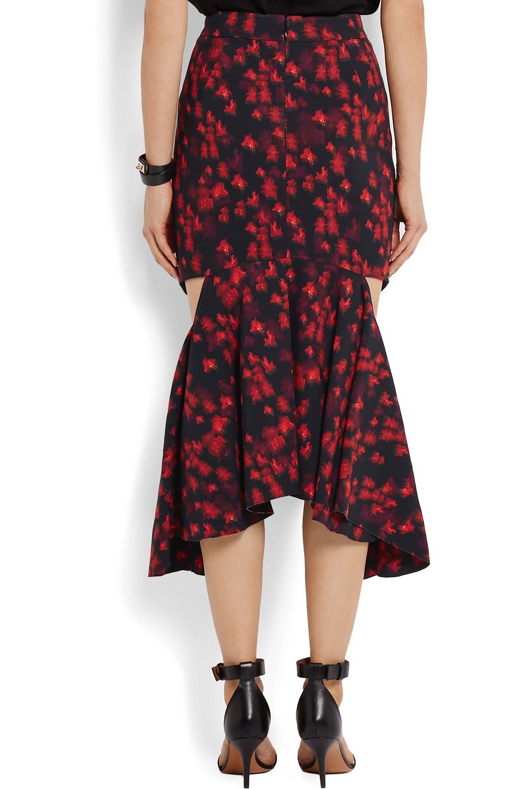 GIVENCHY Cutout ruffled midi skirt in floral-print stretch-satin