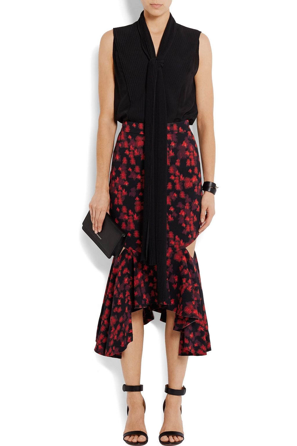 GIVENCHY Cutout ruffled midi skirt in floral-print stretch-satin