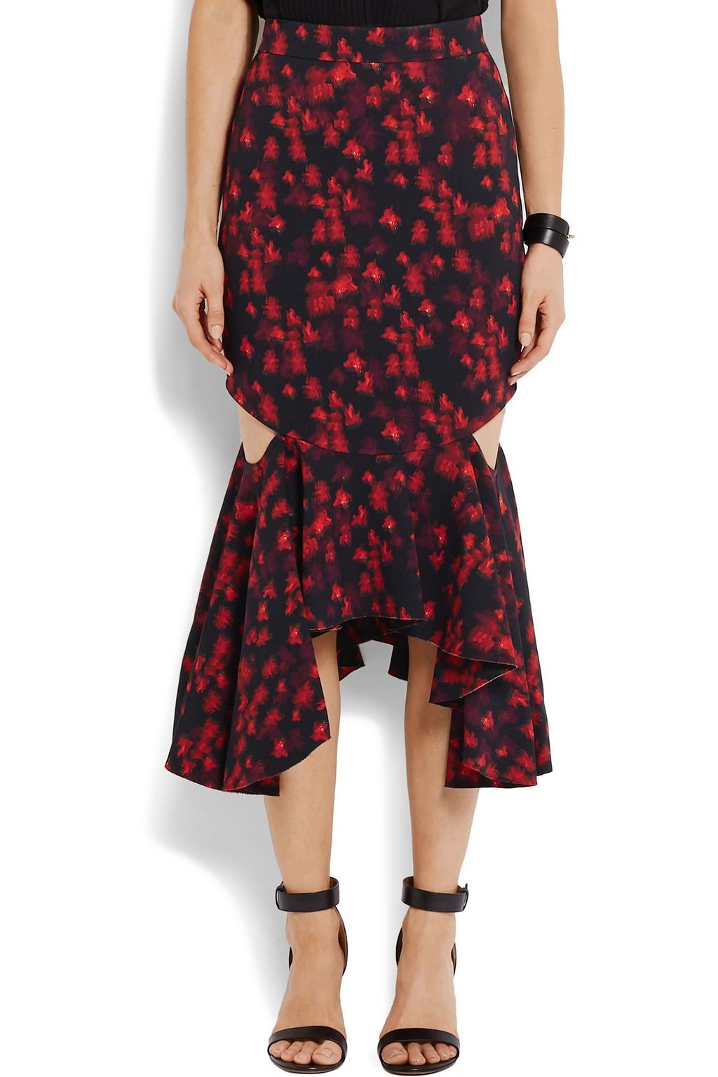 GIVENCHY Cutout ruffled midi skirt in floral-print stretch-satin