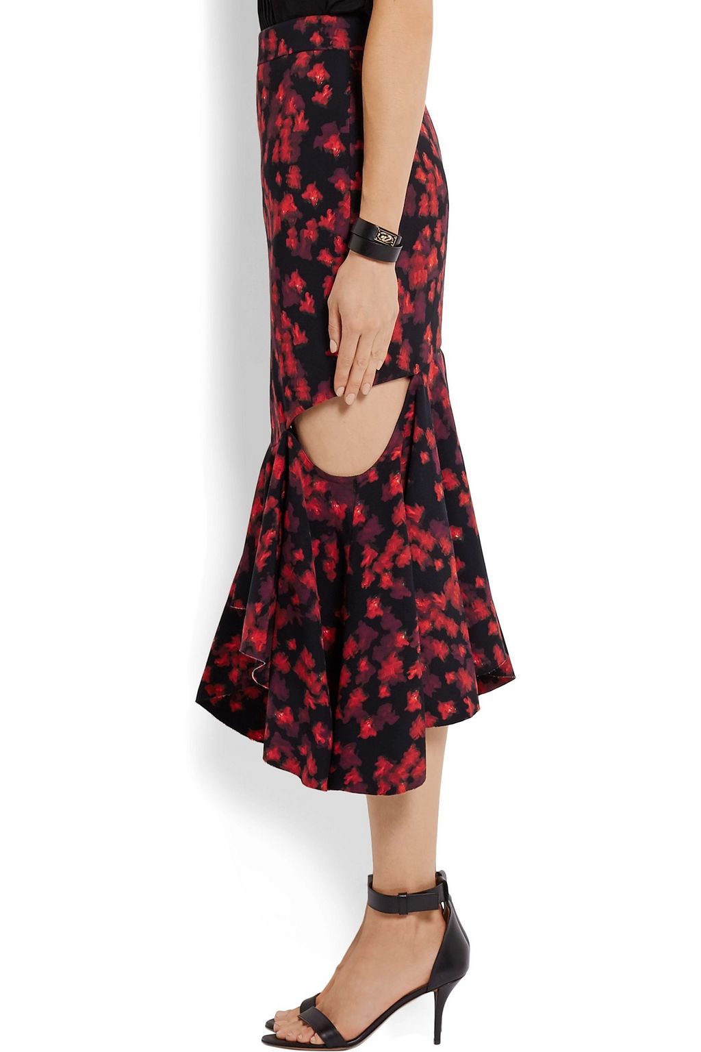 GIVENCHY Cutout ruffled midi skirt in floral-print stretch-satin