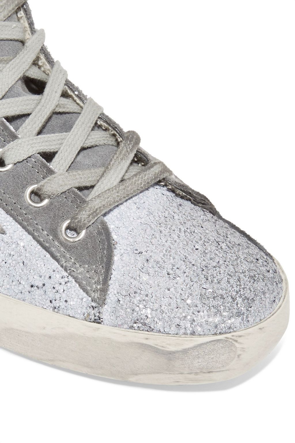 GOLDEN GOOSE Francy distressed glittered suede high-top sneakers