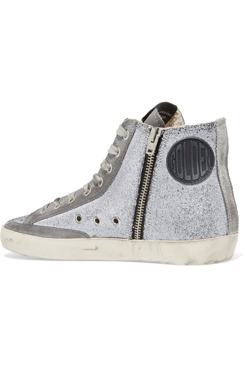 GOLDEN GOOSE Francy distressed glittered suede high-top sneakers