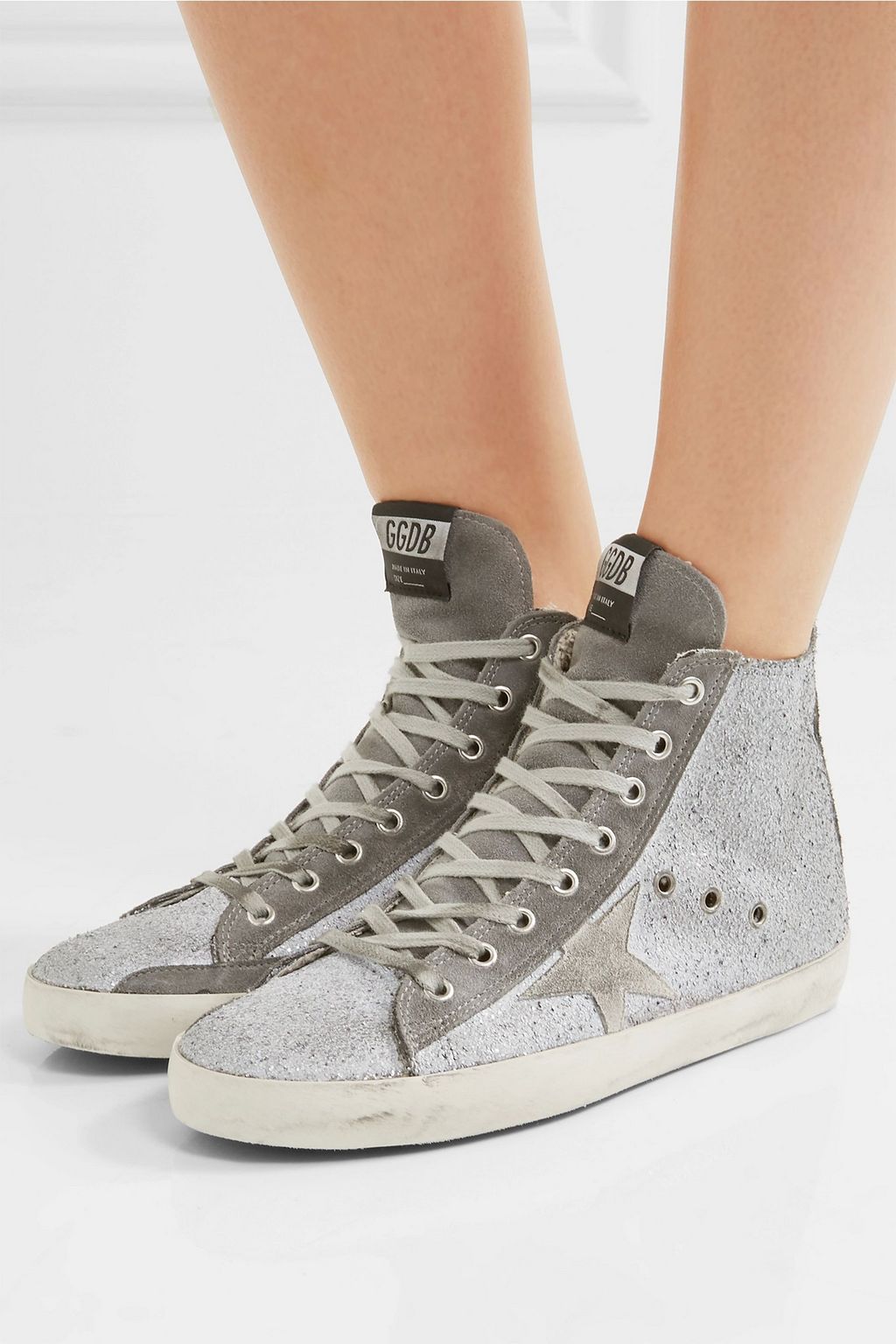 GOLDEN GOOSE Francy distressed glittered suede high-top sneakers