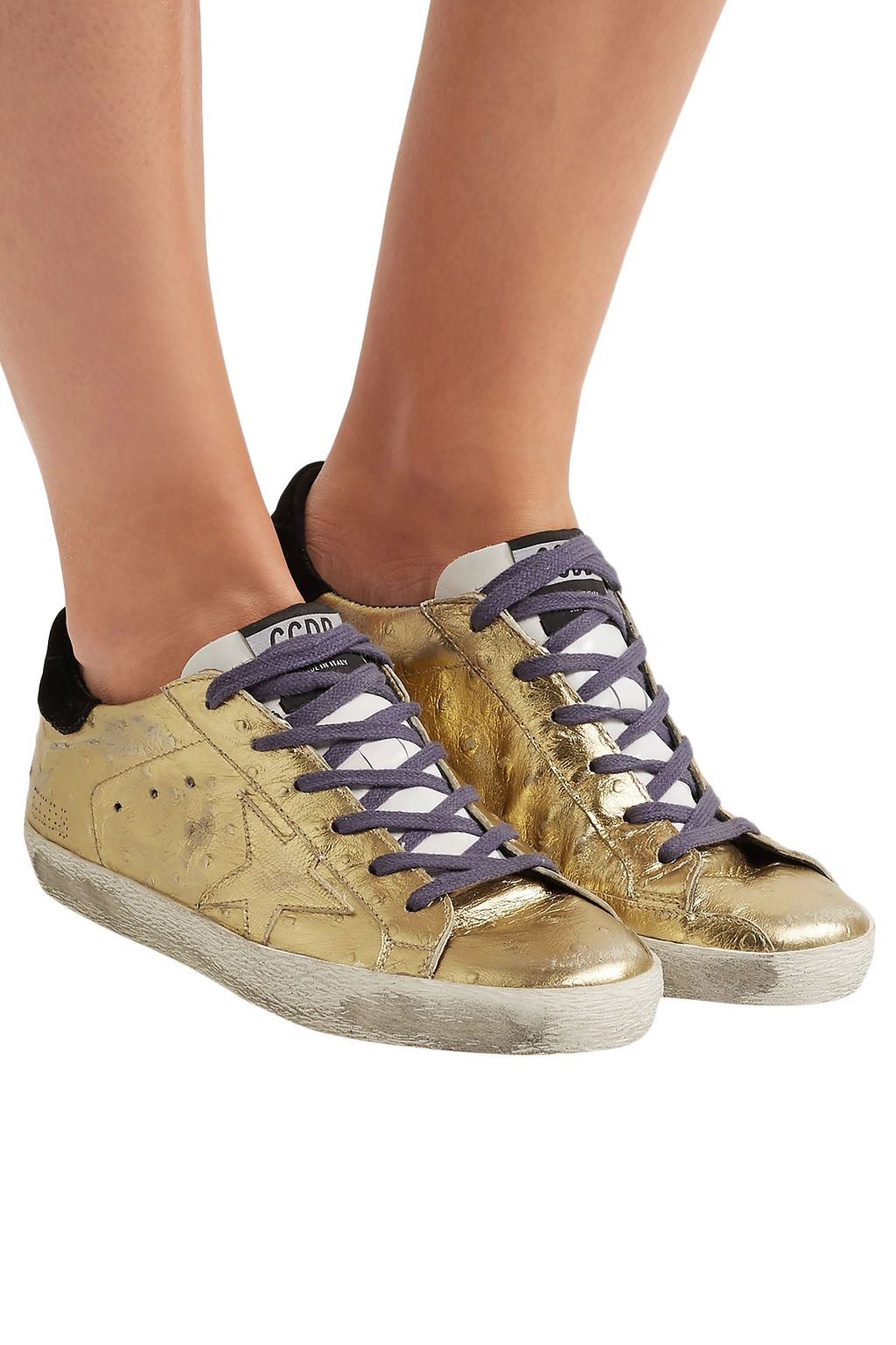 GOLDEN GOOSE Super Star distressed metallic ostrich-effect leather sneakers
