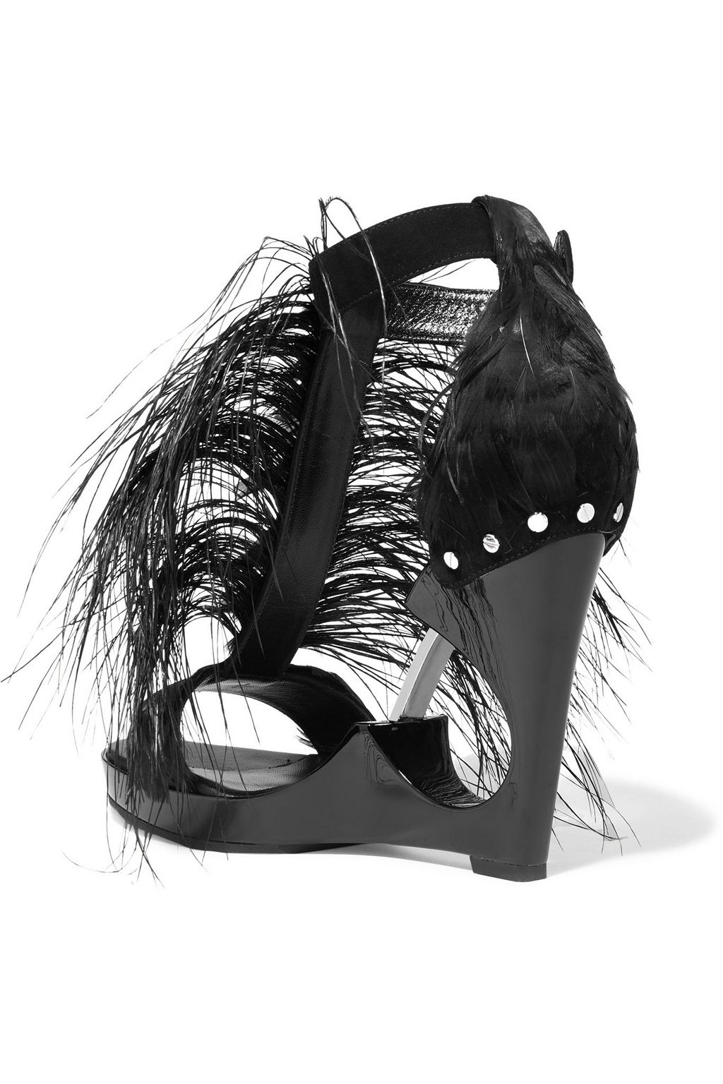 MCQUEEN Feather-embellished suede and acrylic wedge sandals