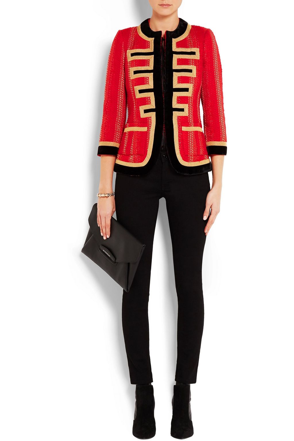 GIVENCHY Velvet-trimmed jacket in red and gold tweed