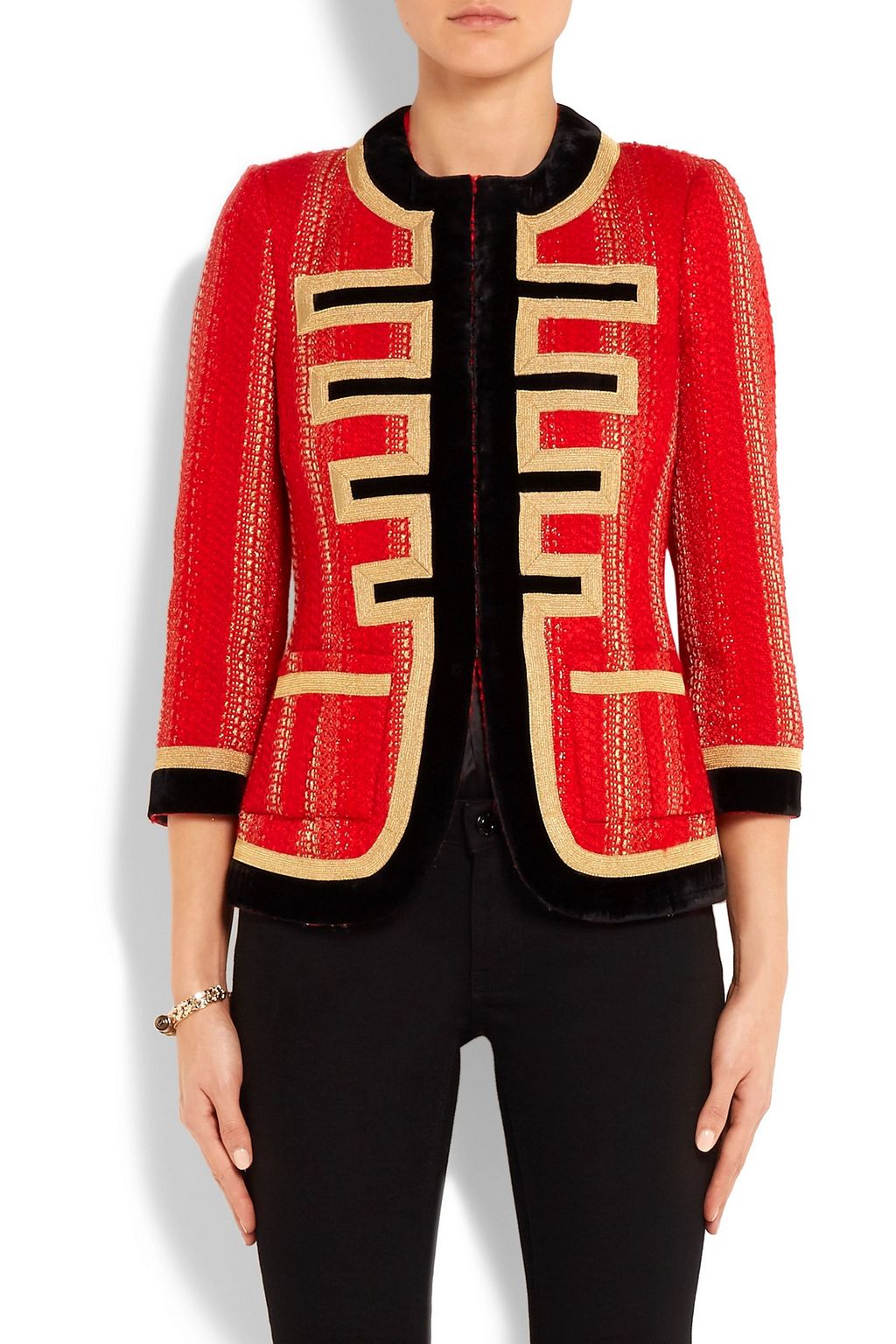 GIVENCHY Velvet-trimmed jacket in red and gold tweed