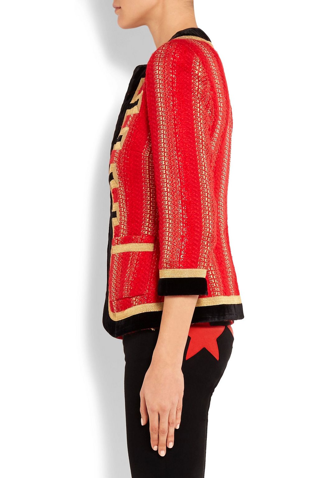 GIVENCHY Velvet-trimmed jacket in red and gold tweed