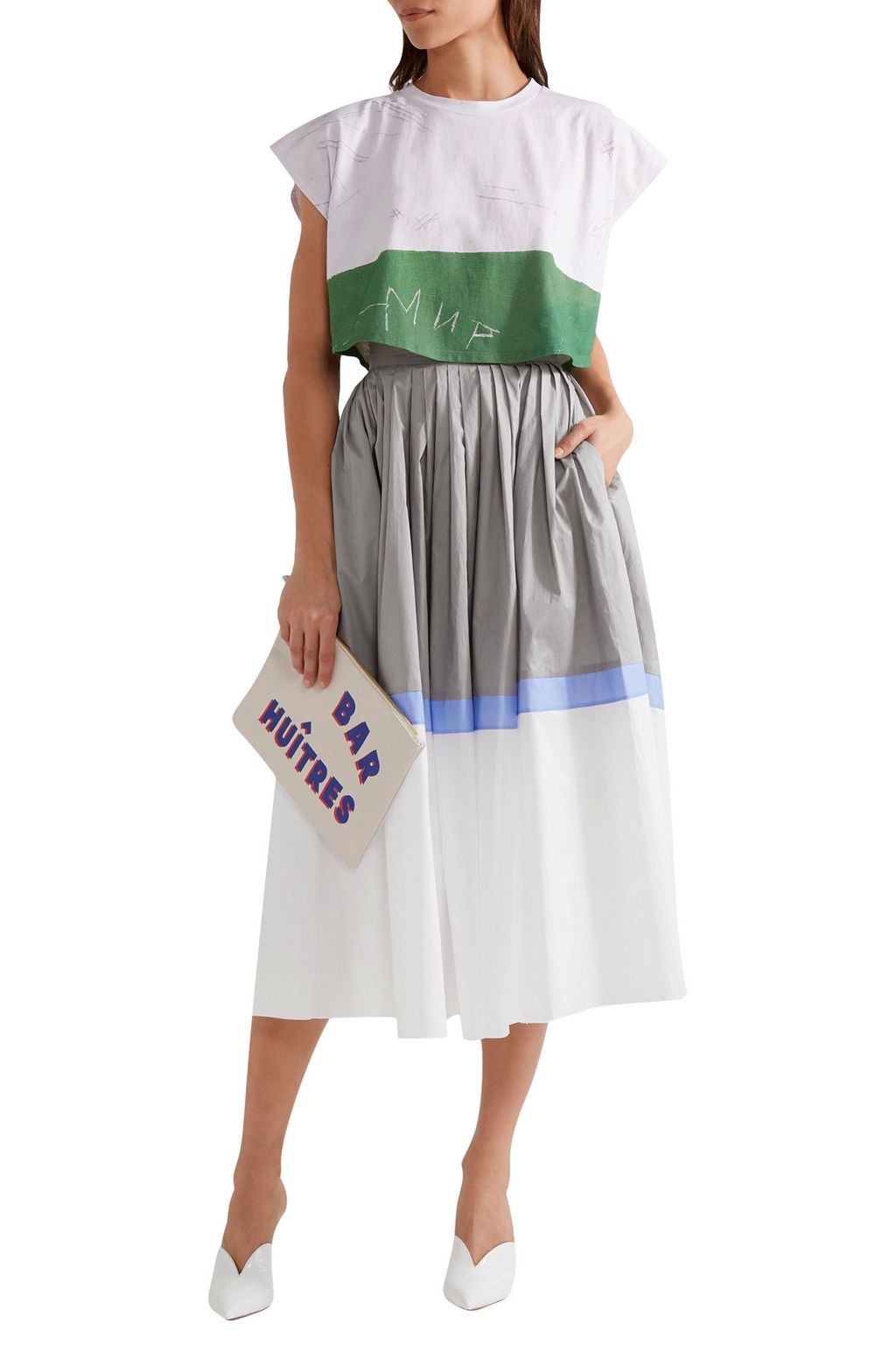 VIKA GAZINSKAYA Pleated color-block cotton-poplin midi skirt