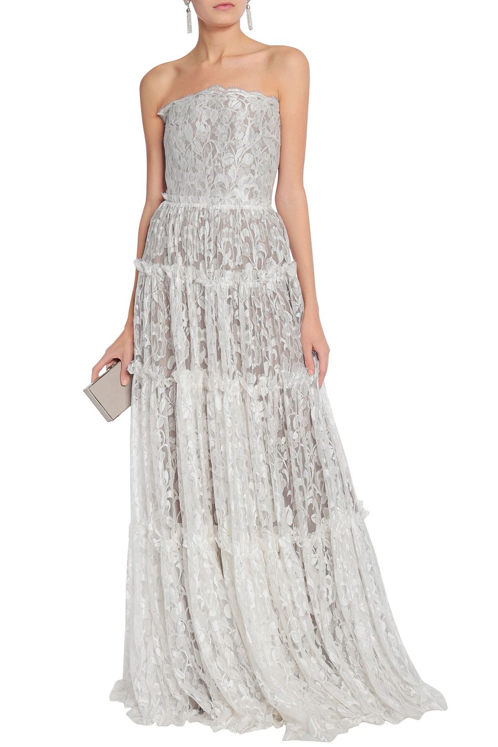 LANVIN Strapless floral-appliquéd lace gown