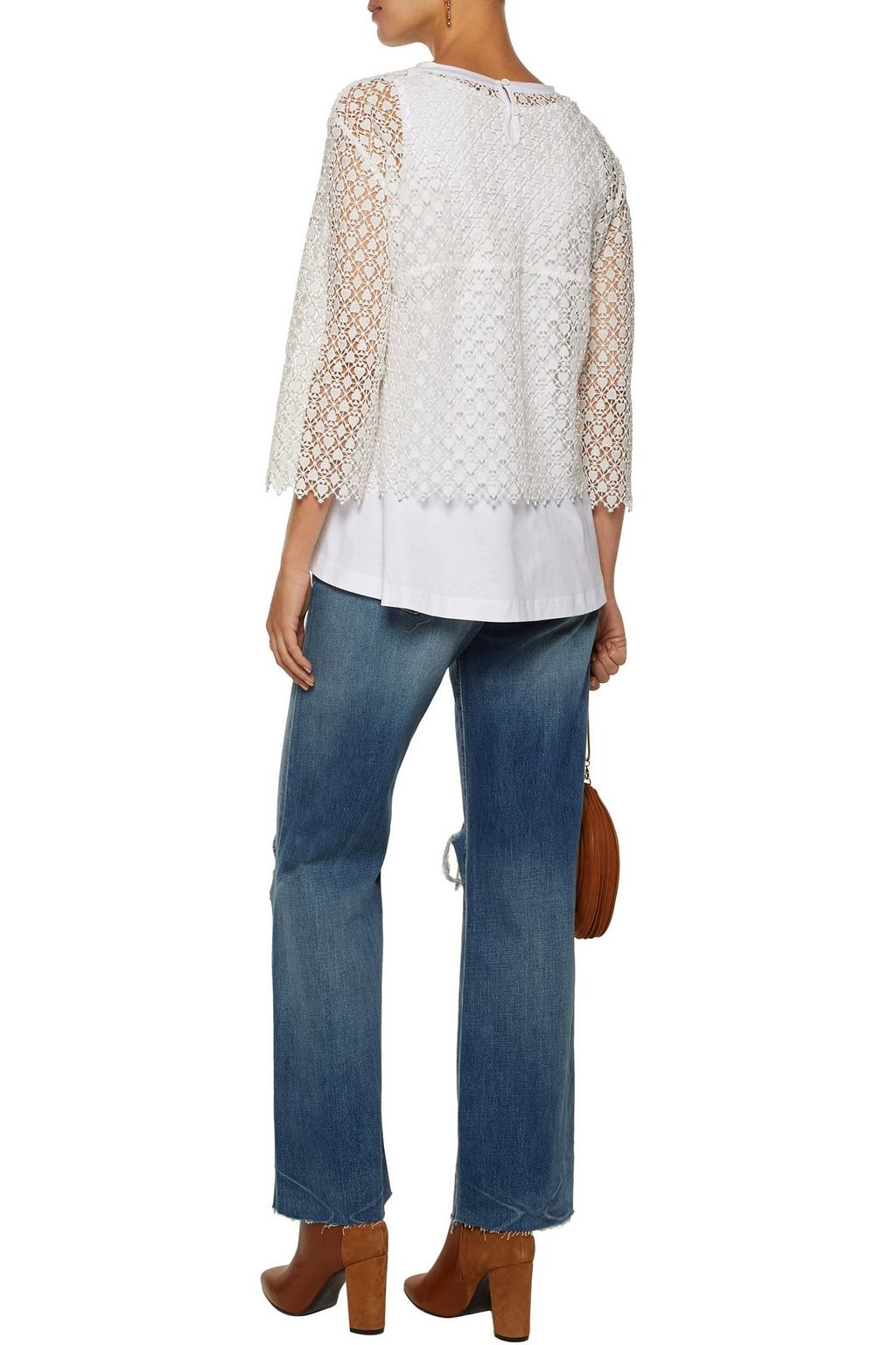 CHLOÉ Layered cotton guipure lace and cotton-blend jersey top