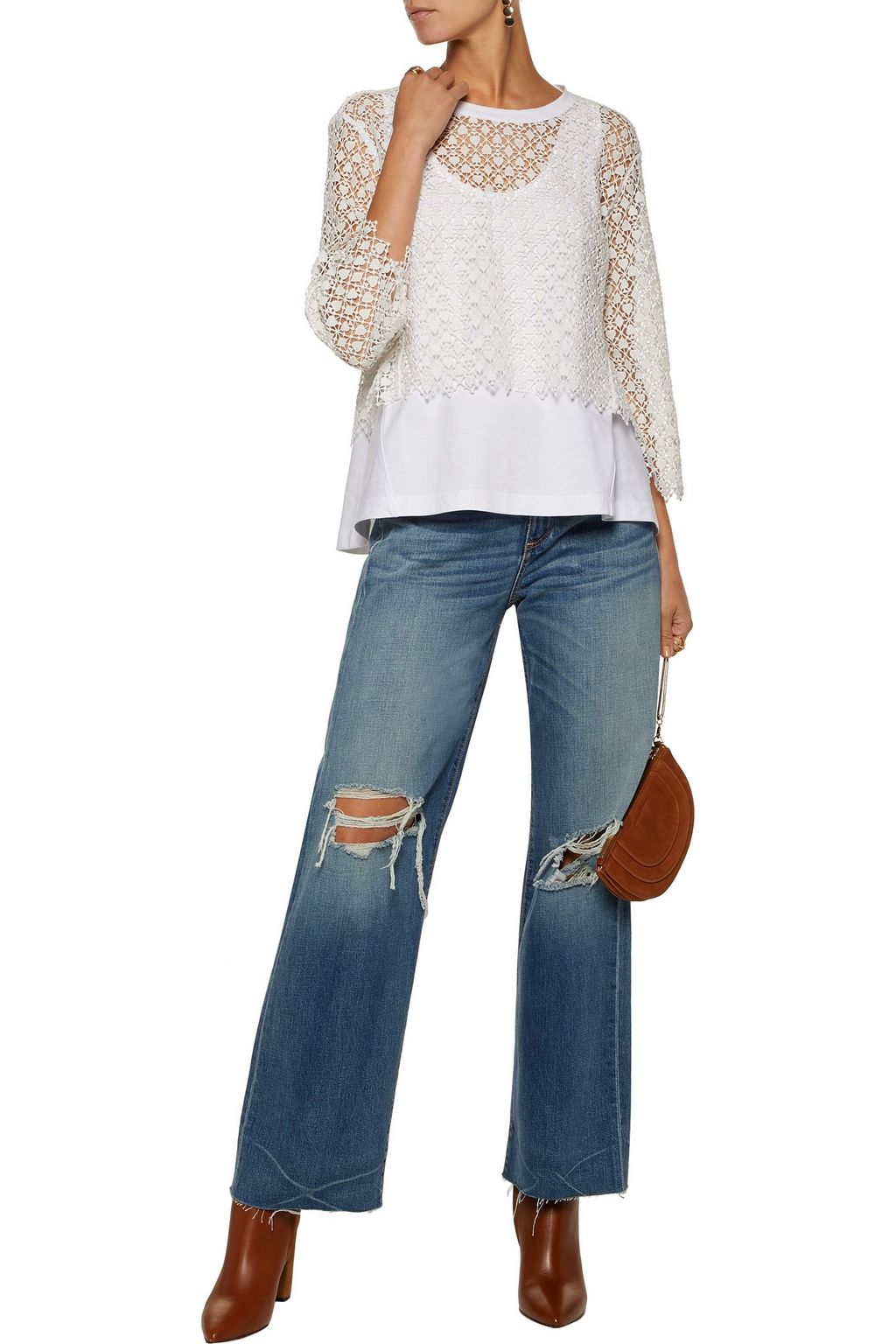CHLOÉ Layered cotton guipure lace and cotton-blend jersey top