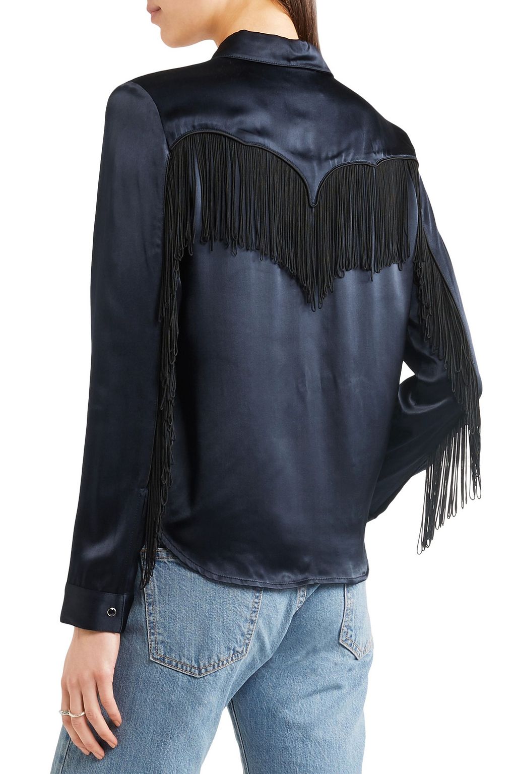 GANNI Donnelly fringe-trimmed satin shirt