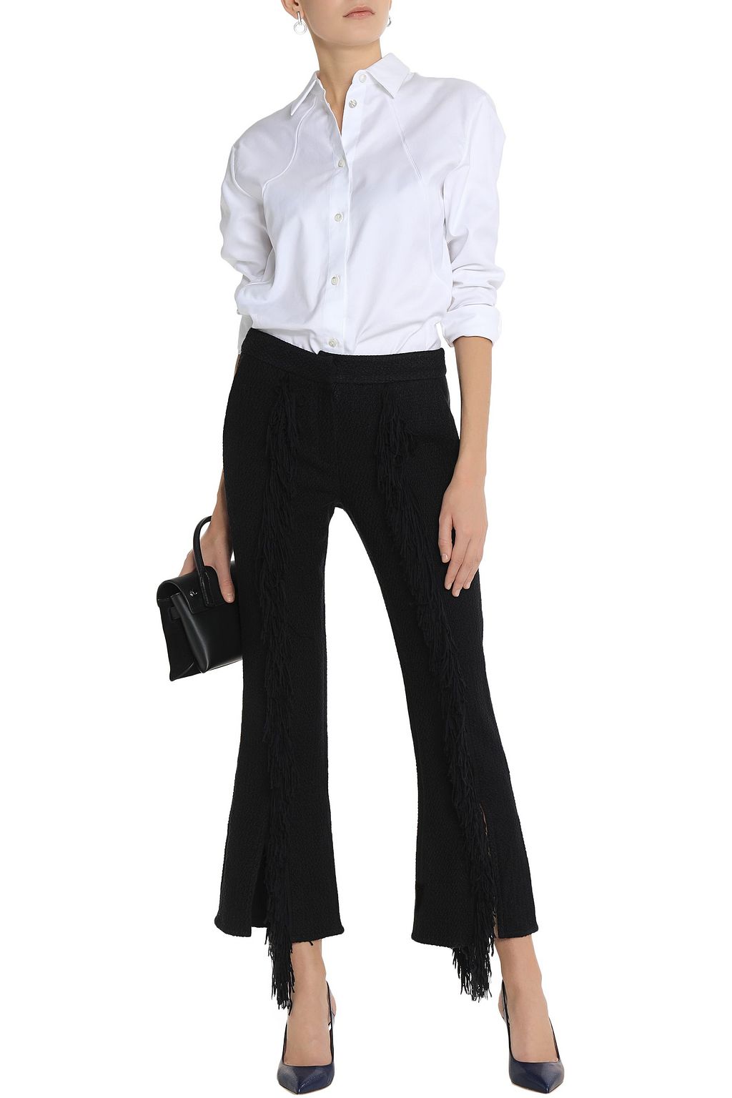 GOEN.J Fringe-trimmed tweed bootcut pants