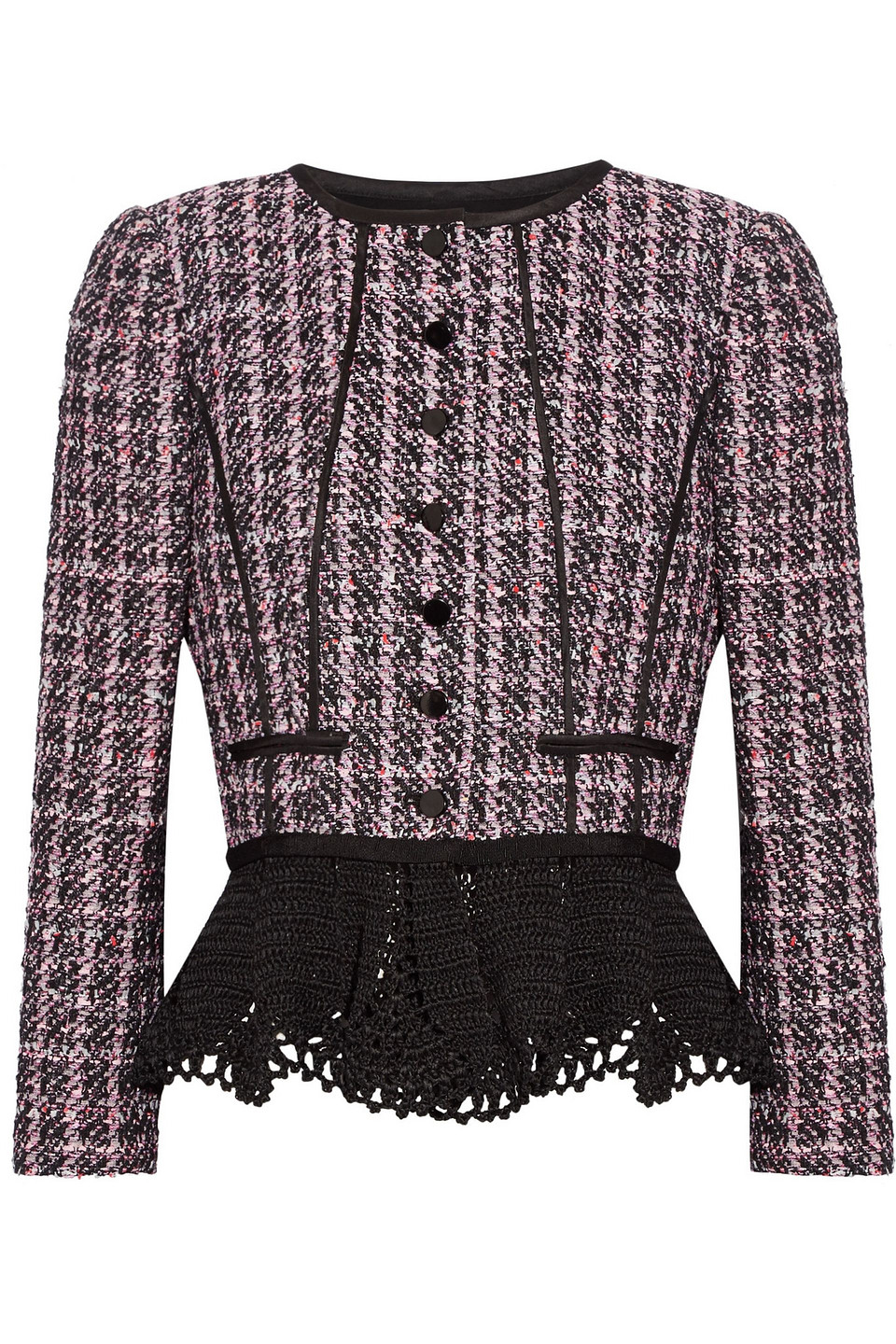 oscar de la renta - crochet-trimmed sequin-embellished tweed peplum jacket - pink - us 8
