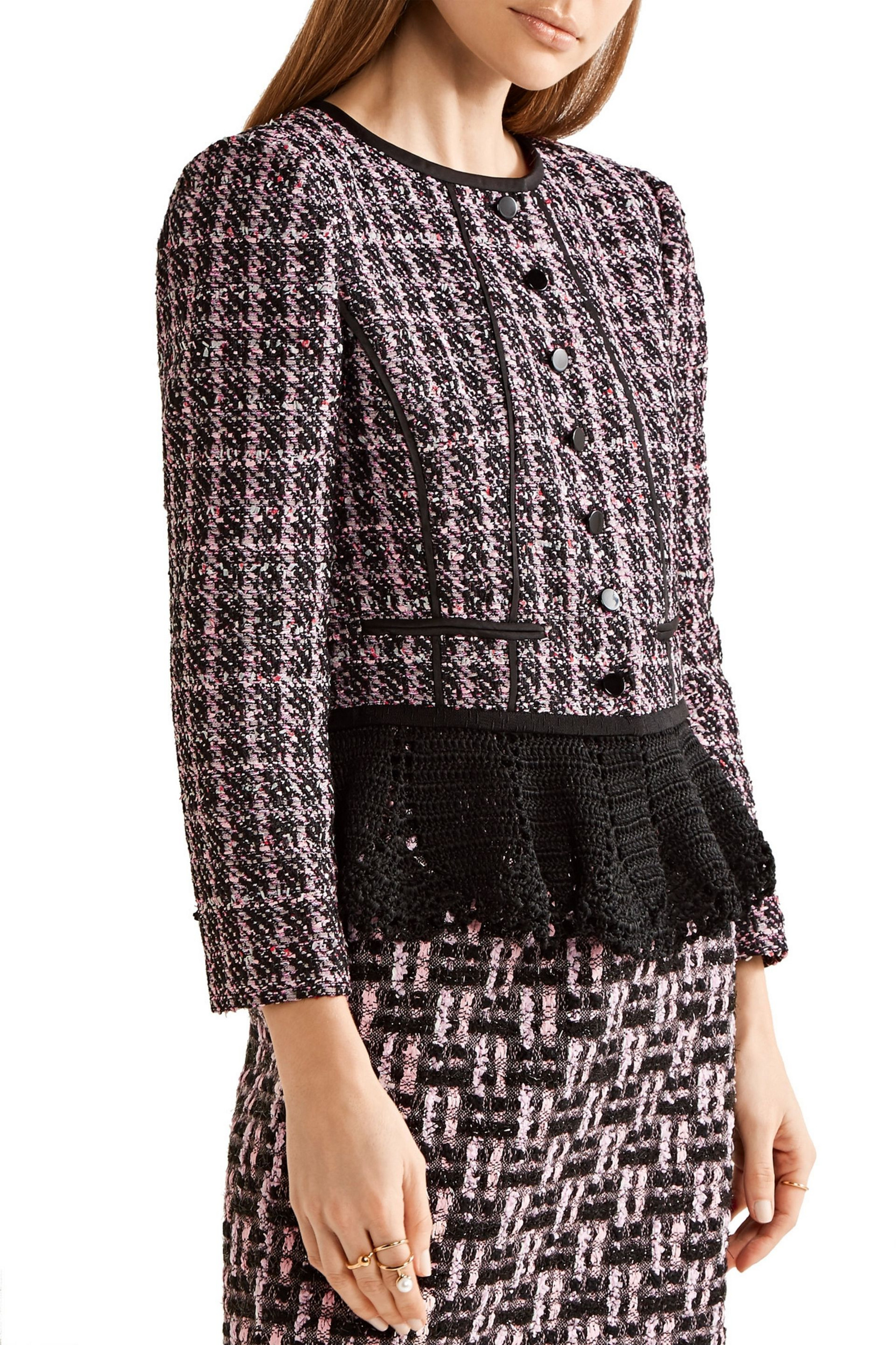 Oscar de la Renta Crochet-trimmed sequin-embellished tweed peplum jacket
