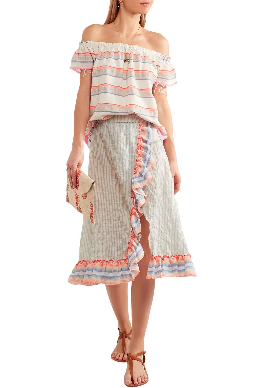 LEMLEM Wrap-effect ruffled striped cotton-blend skirt